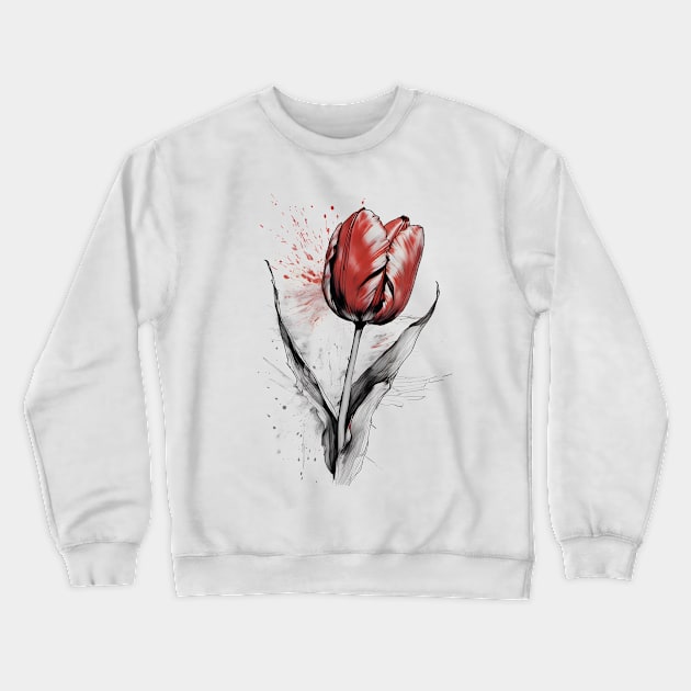 Red Tulip Watercolor and ink art Crewneck Sweatshirt by craftydesigns